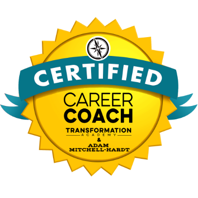 A golden badge with a blue ribbon that reads "Certified Career Coach" from the Transformation Academy and includes the name Adam Mitchell-Hardt.