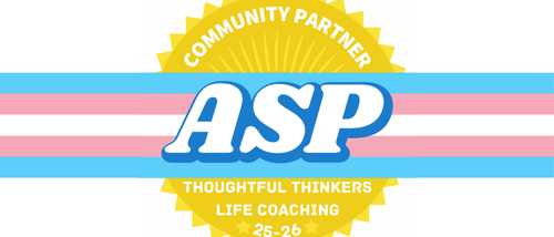 Logo featuring "ASP" with the tagline "Thoughtful Thinkers Life Coaching" and community partner emblem in blue and yellow colors.