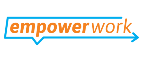 A stylized logo for "empowerwork" featuring orange text and a blue speech bubble outline with an arrow.