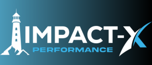 Logo for Impact-X Performance featuring a lighthouse and dynamic design elements in blue and black.