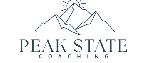 A minimalist logo featuring mountains with a sun rising behind them, representing Peak State Coaching.
