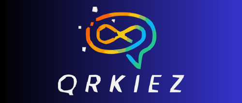 A colorful logo featuring a speech bubble and infinity symbol, representing QRKIEZ on a gradient blue background.
